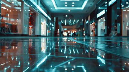 Wet floor in a shopping mall, suitable for safety and cleaning concepts - obrazy, fototapety, plakaty