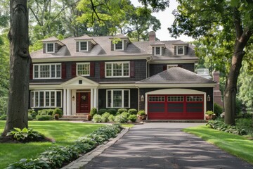 Fototapeta na wymiar Exquisite Home with Striking Red Front Door - Stunning American House with Garage and Driveway