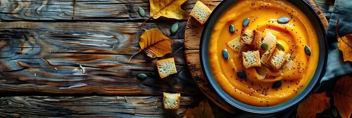 Fall Comfort Food: Warming Pumpkin Cream Soup with Croutons, Seeds, and Autumn Spices. Vegan and Vegetarian Option on Rustic Wooden Background