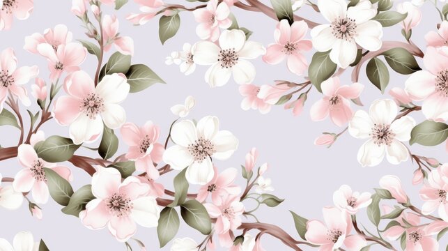 Floral wallpaper white and pink flowers and leaves