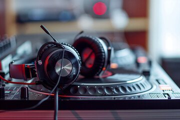 close-up shot of DJ headphones placed on a turntable, symbolizing the focus and concentration...
