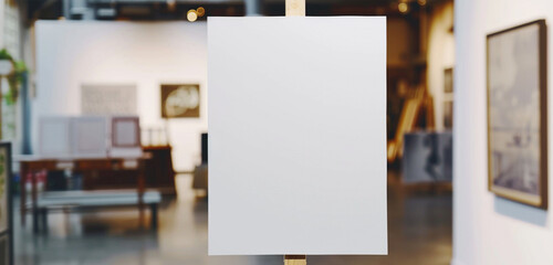 A close-up of a white blank mockup poster in an art gallery, showcasing the subtle texture of the paper and the crispness of the design - obrazy, fototapety, plakaty