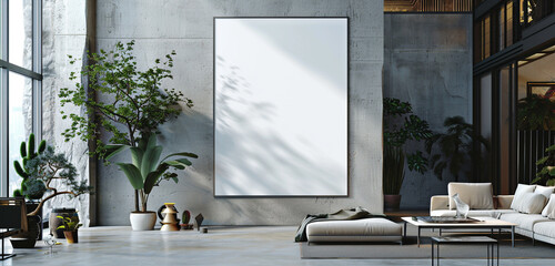 A modern art gallery interior featuring a white blank mockup poster, symbolizing endless...