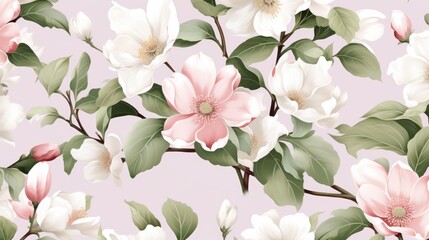 Floral wallpaper white and pink flowers and leaves - obrazy, fototapety, plakaty