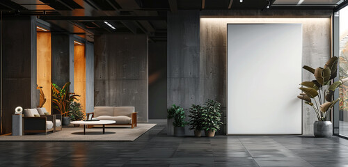 A sleek and modern art gallery interior featuring a white blank mockup poster, symbolizing the...
