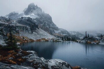 Fototapeta na wymiar Gray Mountain Lake in Autumn: A Foggy View of Rocky Pinnacle, Snowy Peak, and Misty Landscape Under Gray Overcast Sky in Rainy Weather