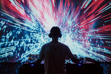 shot of a DJ in front of a mesmerizing visual display, merging music and visuals for an immersive...