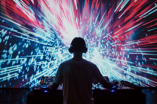 shot of a DJ in front of a mesmerizing visual display, merging music and visuals for an immersive experience