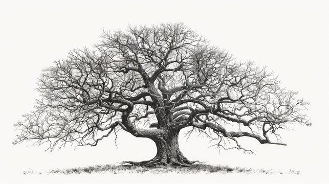 Hand-Drawn Vintage Illustration of D Tree. Branched Oak without Leaves in Engraving Style Depiction of Organic Timbering