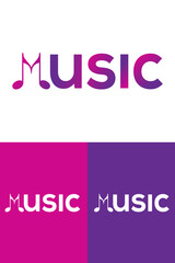 Music wordmark logo with music note as letter M