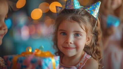 Adorable child in a birthday hat holding a present, with a happy expression surrounded by holiday lights and festivities.