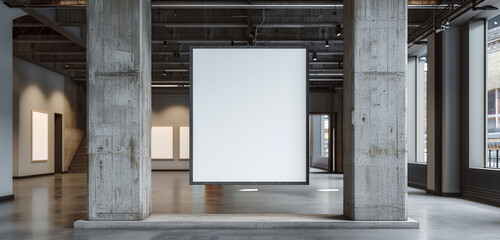 A white blank mockup poster hanging in an art gallery, framed by architectural elements that add visual interest to the space - obrazy, fototapety, plakaty