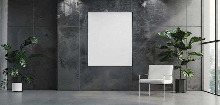 A sleek, minimalist art gallery with a white blank mockup poster hanging on a pristine wall