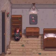pixel art of a girl crying alone in the room remembering his lover who cheated on him