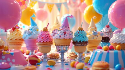 Ice cream sundae bar in a 3D animated kids birthday party