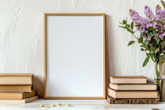 Minimalist Vertical Frame Mockup with Vintage Book Stack and Flowers for Art and Quotes - 11x14 Thin Wood Frame on White Wall Interior
