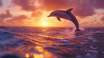 dolphin jumping at sunset - obrazy, fototapety, plakaty