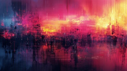 Cityscape Painting With Red Sky