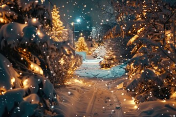 A snowy path in the middle of a forest at night. Suitable for winter and nature themes