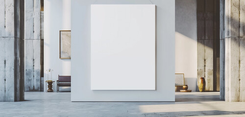 An empty white mockup poster hanging in an art museum, surrounded by architectural features that give the area more visual appeal