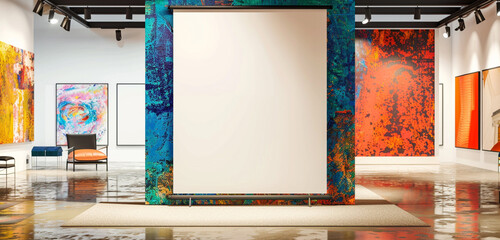 Bright artwork surrounds a white blank mockup billboard in a modern art gallery, creating a...