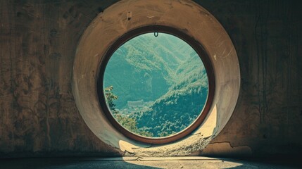 A round window showcasing a picturesque mountain view. Ideal for travel and nature concepts