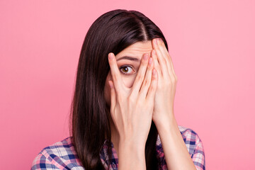 Close-up portrait of her she nice-looking attractive charming lovely confused worried puzzled straight-haired lady closing face palms isolated over pink pastel background