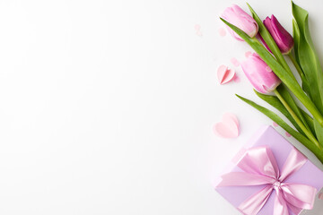 Elegant mother's day surprise: top view shot of pink tulips and a gift box with a satin ribbon on a white background with space for heartfelt messages