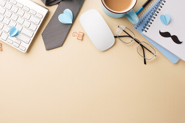 Father's day inspiration: productivity meets affection. Overhead view of keyboard, mouse, cup of coffee, glasses, notebook, tie and paper clips on beige background with space for personal notes