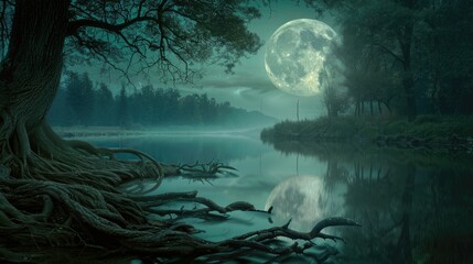 Full moon reflecting on calm lake. Perfect for nature backgrounds - obrazy, fototapety, plakaty