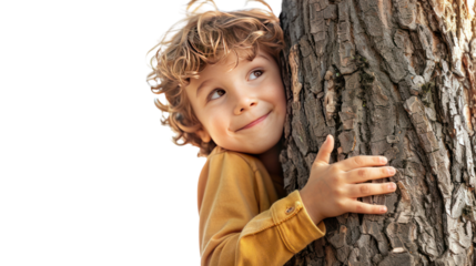 child hugging tree Isolated on a transparent background.