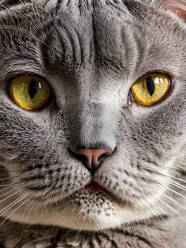Close-up portrait of a gray British cat with yellow eyes.