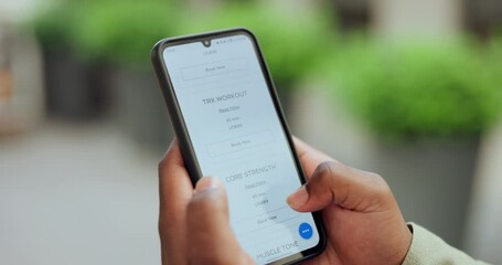 Phone, screen and hands with fitness app outdoor for exercise, planning or training schedule closeup. Smartphone, website and person with internet planner for workout, calories or steps goal tracking