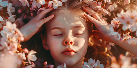 National Asthma and Allergy Awareness Month. A girl surrounded by blooming cherry blossoms. Flower pollen is a strong allergen - obrazy, fototapety, plakaty
