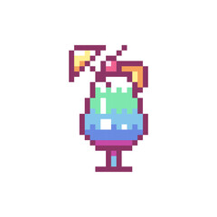 Fototapeta premium Pixel Art Cocktail Icon. Vector Y2K 8Bit Sticker of Tropical Beach Drink. Cute Summer Beverage Video Game Element for Vacation Party Design.