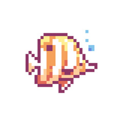 Fototapeta premium Pixel Art Butterfly Fish Icon. Vector Y2K 8Bit Sticker of Tropical Marine Life. Cute Coral Fish Video Game Element for Ocean Exploration Design.