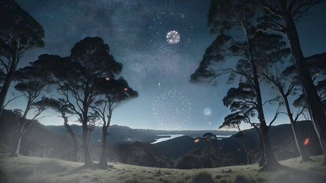 night full of fireworks seen from the forest with the moon