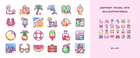 Summer Travel Pixel Art Set: 8bit Beach Vacation - Luggage, Palm Tree, Coconuts, Camera, Snacks, Fish, Beverages, Sand, Beach and Sea, Ocean and Beacon, Cram, Dolphin, Retro Y2K Summer Trip Icons.
