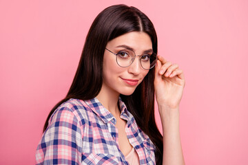 Close up side profile photo funky funny beautiful her she lady hold arm hand cool specs look...