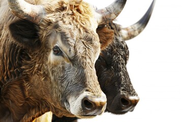 Close up of two cows with impressive horns, perfect for agricultural or nature themes - obrazy, fototapety, plakaty