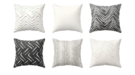 Set of Decorative patterned throw pillows on transparent background.