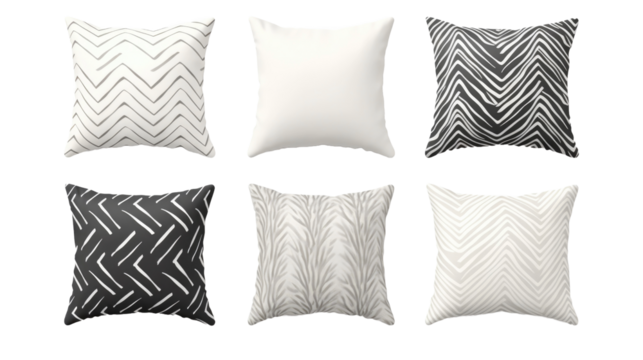 Set of Decorative patterned throw pillows on transparent background.