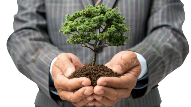 Hands nurturing nature's growth, embracing trees and plants, fostering life's green evolution