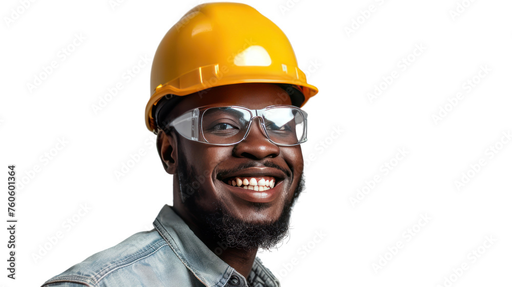 Poster portrait of a successful construction worker wearing a helmet amidst an engineering job isolated on 