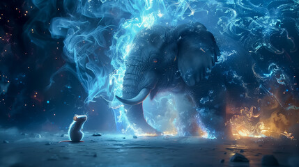 A mystic mouse faces a colossal elephant aglow with celestial energy and stardust. - obrazy, fototapety, plakaty