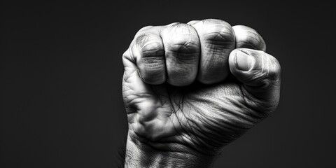 A black and white image of a clenched fist. Suitable for concepts of strength and power