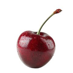 A single, red ripe cherry with a water droplet clinging to its stem. The cherry is in focus isolated on a transparent white background