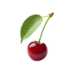 A vibrant red cherry with a fresh green leaf, isolated on a transparent white background