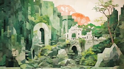 A handmade paper collage of a birds eye view of an ancient ruin overtaken by ivy and moss integrating various textures and shades of green to bring the scene to life.candy colors