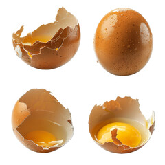 Four stages of a brown egg: whole, cracked, half shell with yolk, and broken shell with spilled yolk isolated on a transparent white background